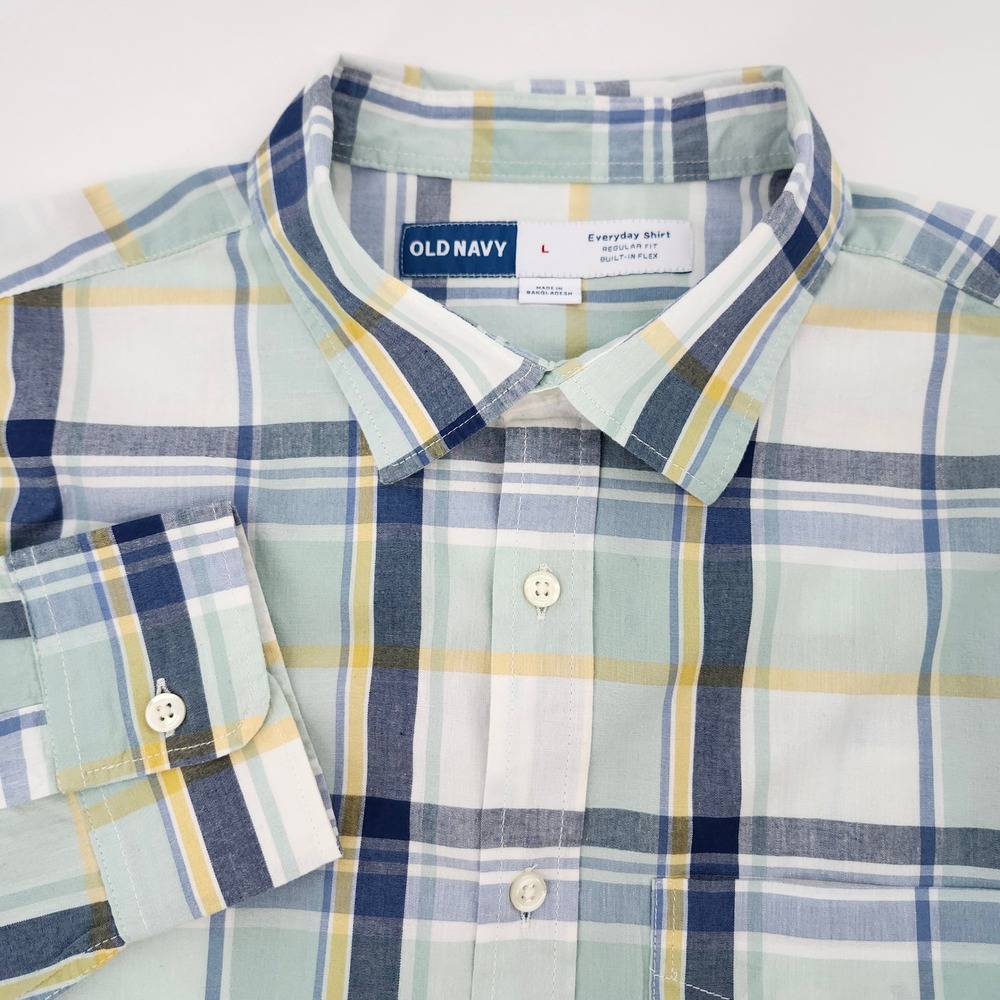 Old Navy Green Blue Pastel‎ Preppy Plaid Everyday Shirt Mens L Hamptons Summer